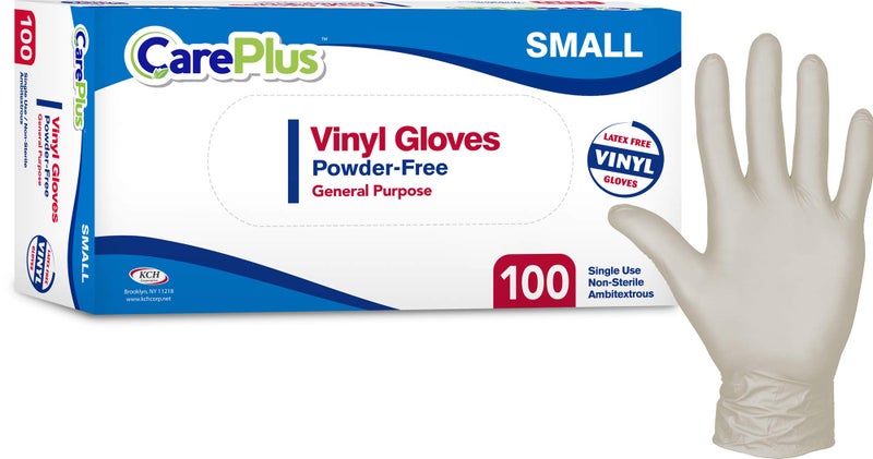 CARE PLUS Disposable Plastic Vinyl Clear Gloves (Small, 100, Count) - Image 1